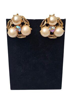 Vintage STAR Faux Pearl Cluster Earrings Gold Tone Aurora Borealis Rhinestone...